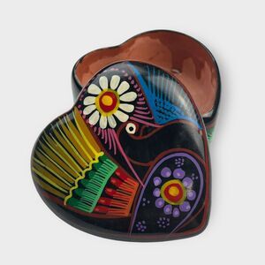 Mexican Folk Art Pottery Trinket Heart Shaped Box Hand Painted Terracotta